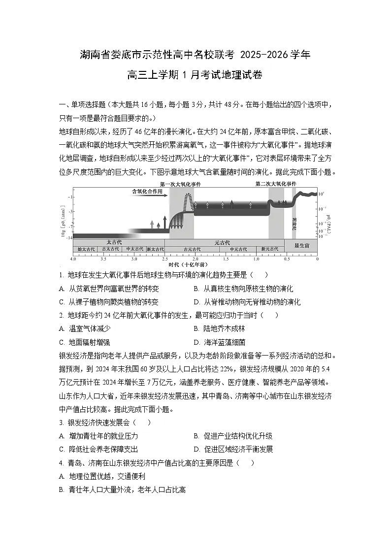 2025-2026学年湖南省娄底市示范性高中名校联考高三上学期1月考试地理试卷(学生版)第1页
