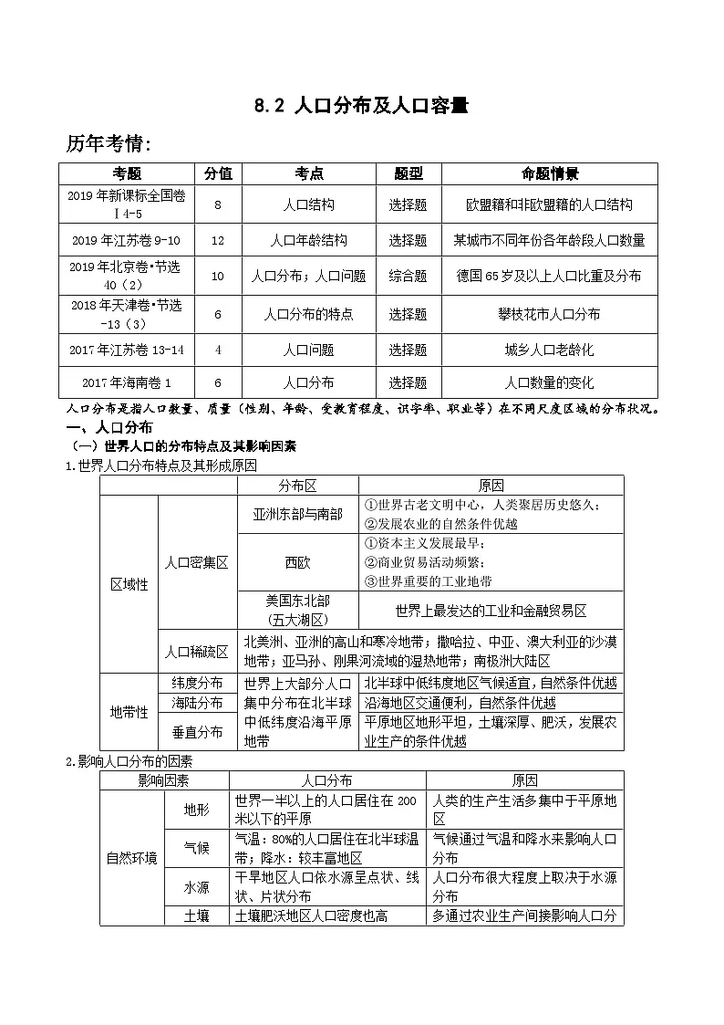 8.2 人口分布及人口容量(讲义)- 高考地理一轮复习讲练测第1页