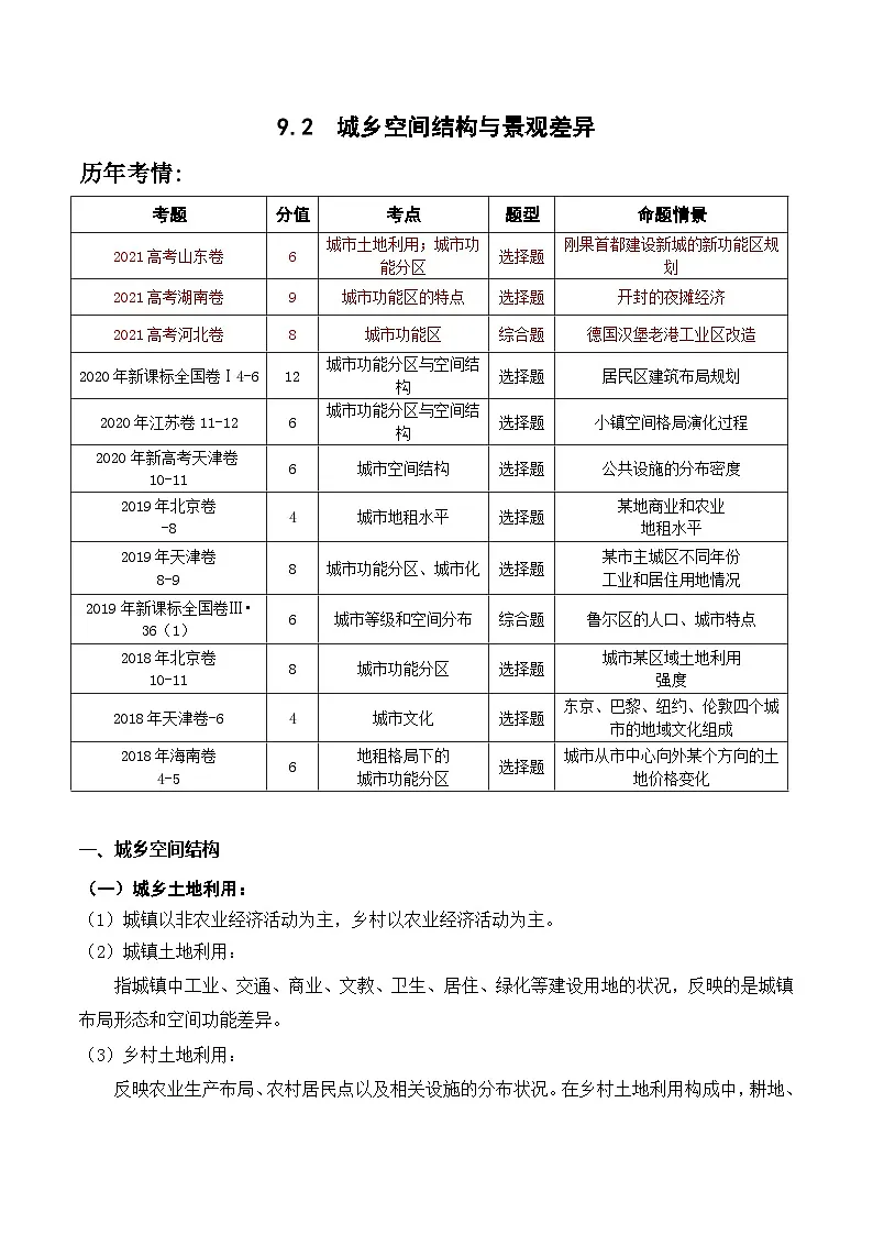 9.2 城乡空间结构与景观差异(讲义)- 高考地理一轮复习讲练测第1页