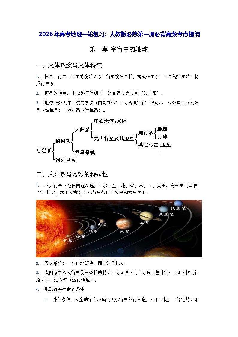 2026年高考地理一轮复习:人教版必修第一册必背高频考点提纲 讲义第1页