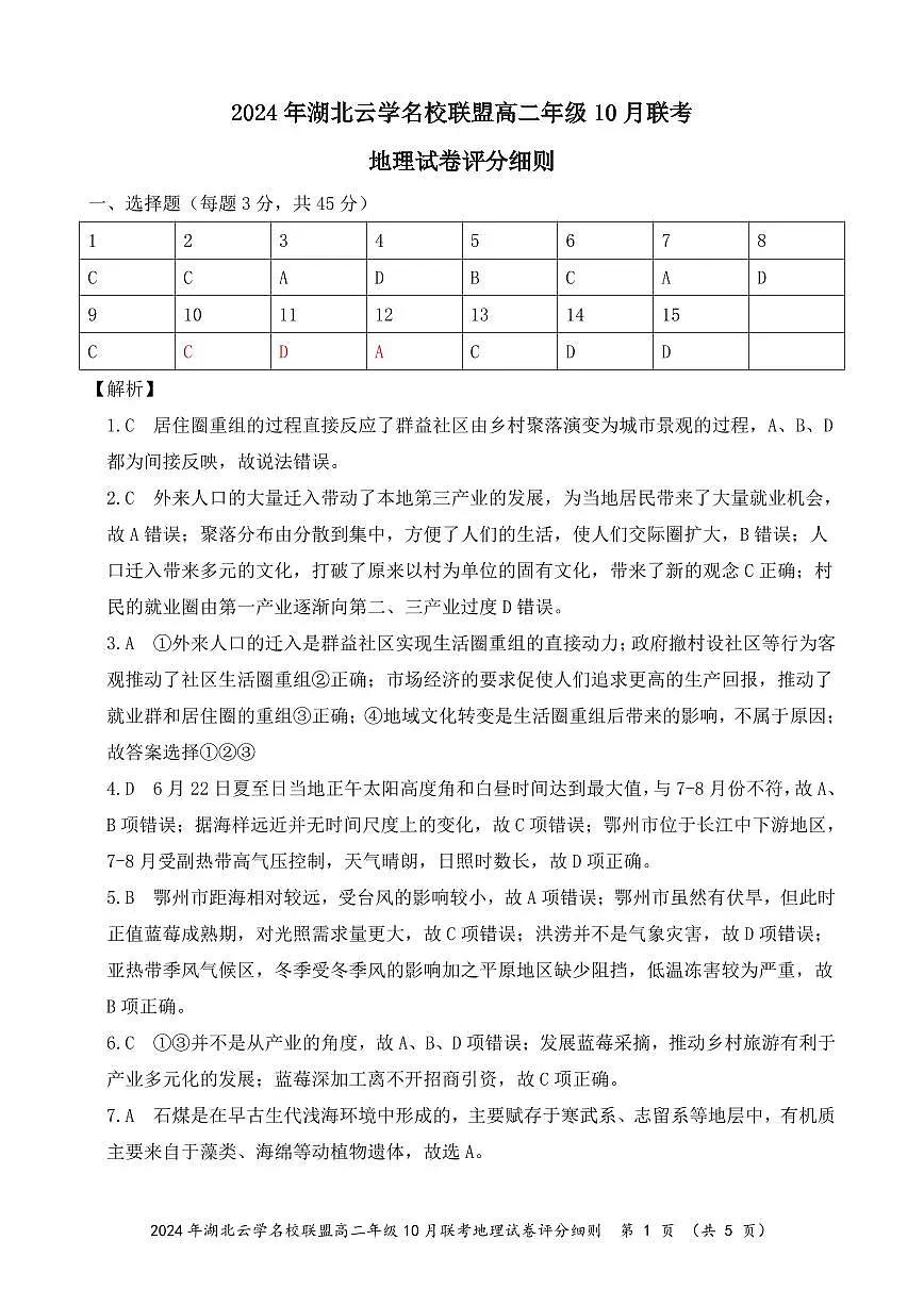 湖北省云学名校联盟2024-2025学年高二上学期10月联考地理试题(B解析第1页