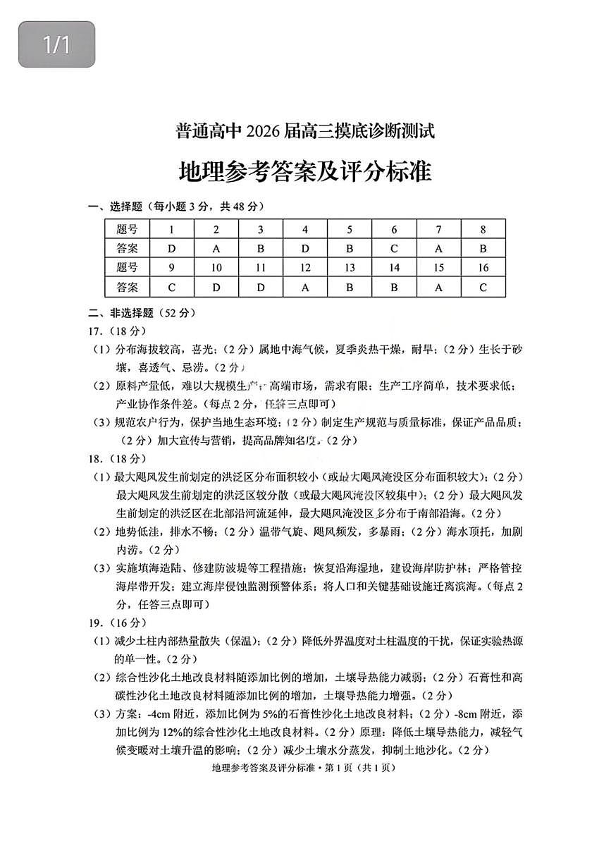 2026昆明市高三市统测-地理答案第1页