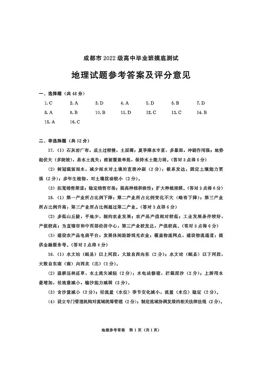 2022级摸底-地理答案第1页