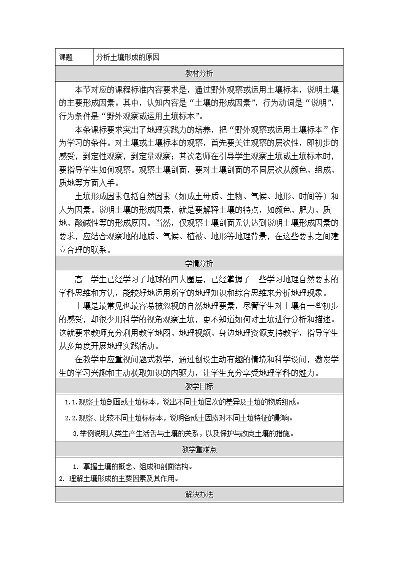 鲁教版(2019)高中地理必修第二册 3.4 分析土壤形成的原因 教学设计第1页