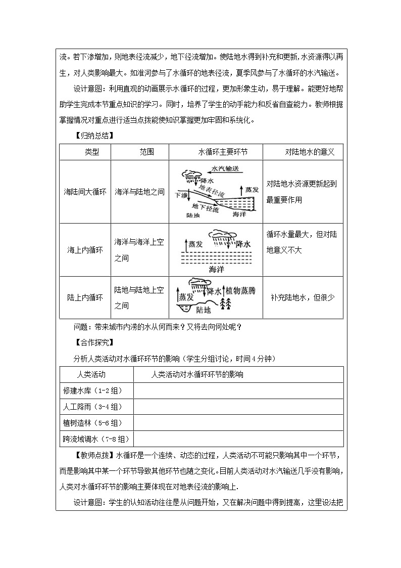 鲁教版(2019)高中地理必修第一册 2.2.2 水循环过程及意义 教学设计(表格式)第3页