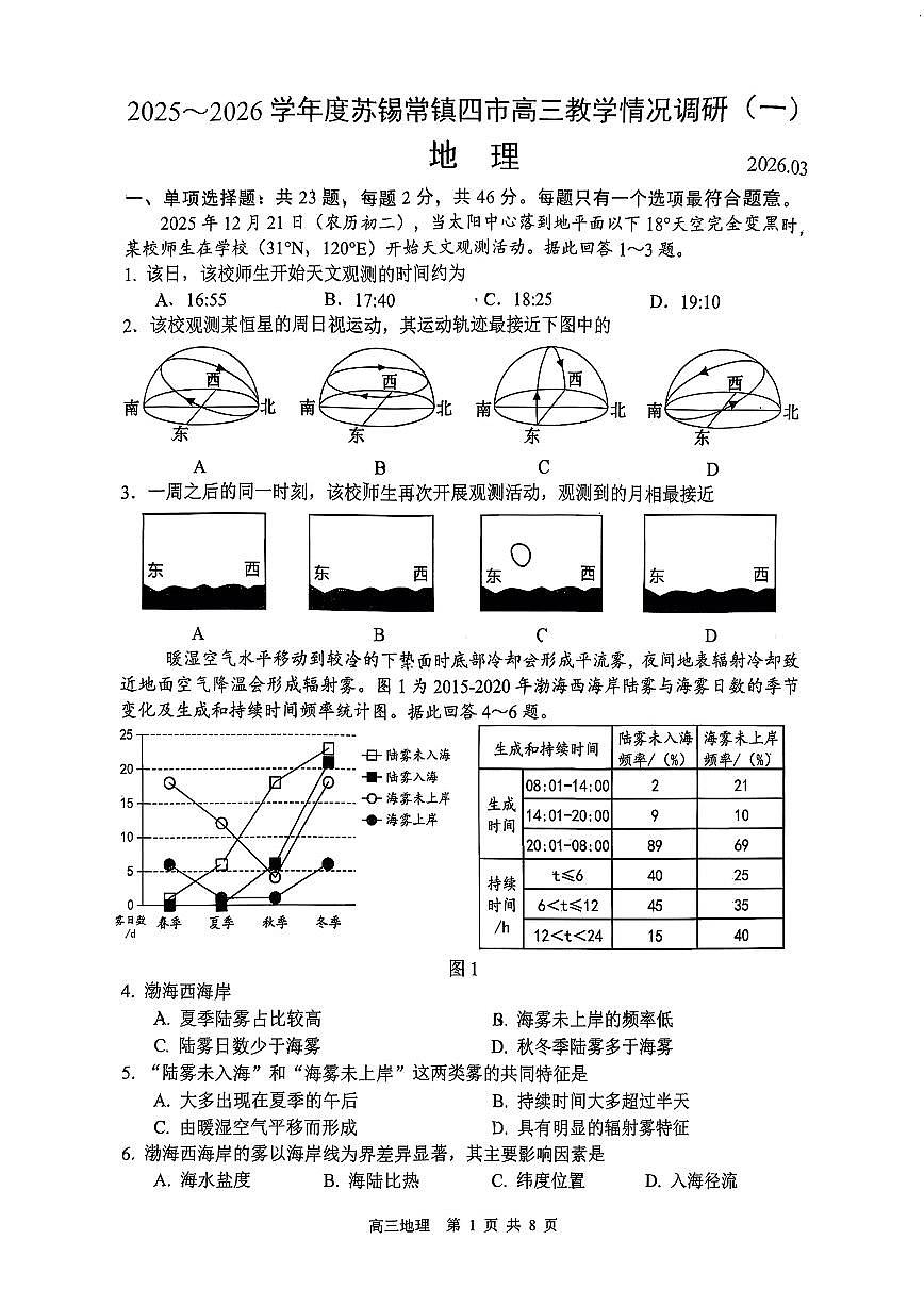 江苏省苏锡常镇四市2026届高三下学期高考模拟教学情况调研(一)地理试题(含答案)第1页