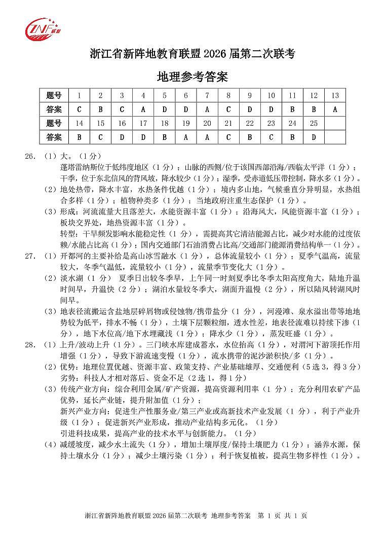 地理(新阵地)答案第1页