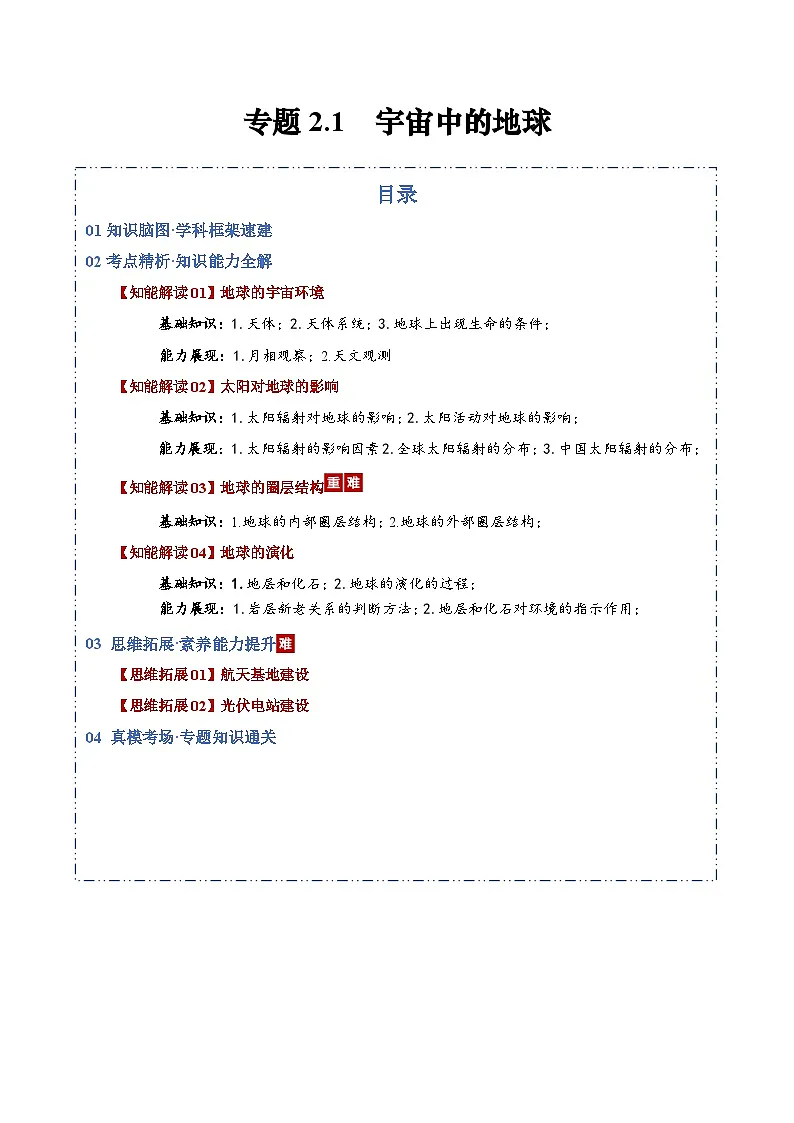 高考地理二轮-宇宙中的地球(知识清单)(全国通用)(原卷版)第1页