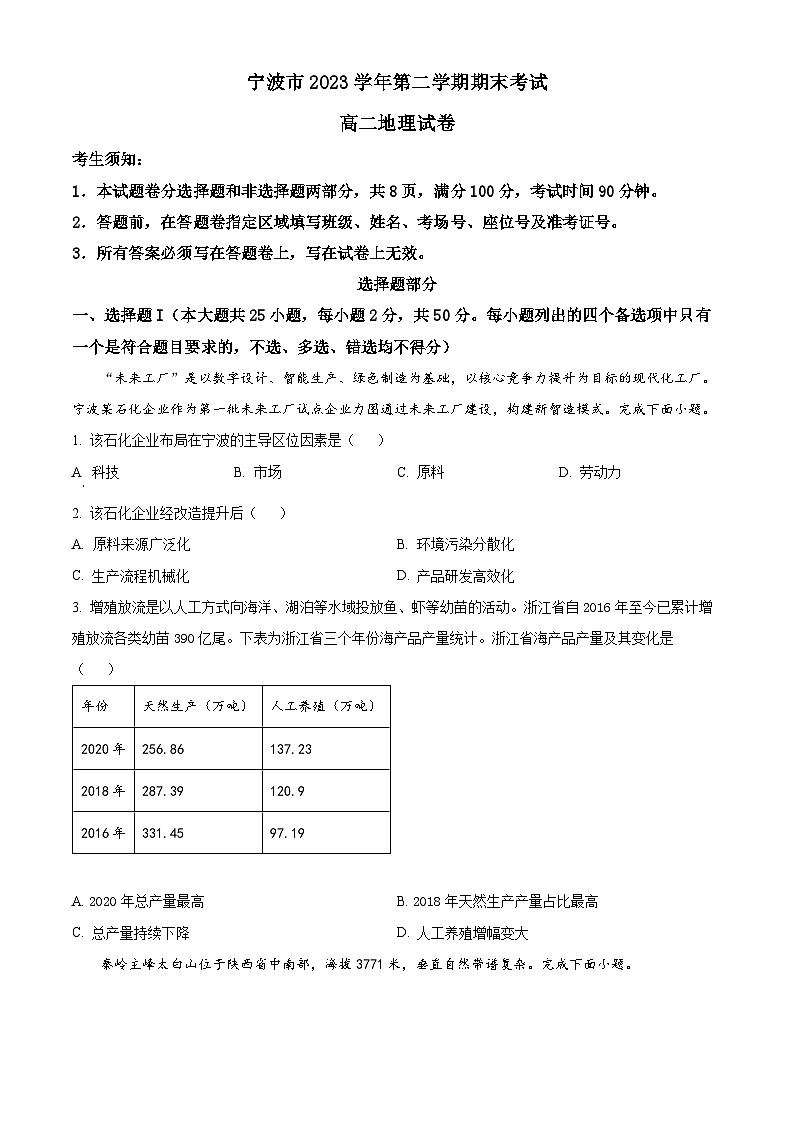 浙江宁波市2024年高二下学期期末考试地理试卷(含答案)第1页