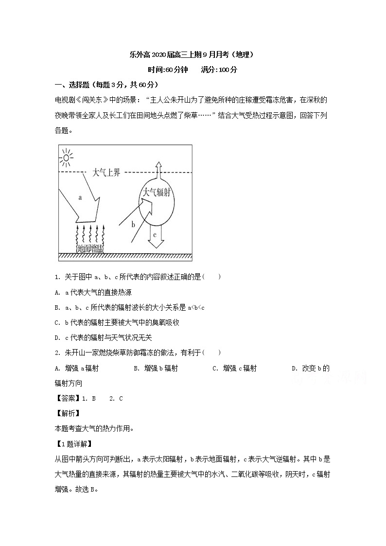 四川省乐山外国语学校2020届高三9月月考地理试题01