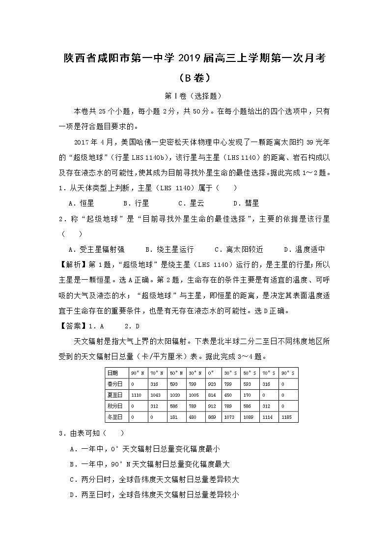 【地理】陕西省咸阳市第一中学2019届高三上学期第一次月考试卷(B卷)01