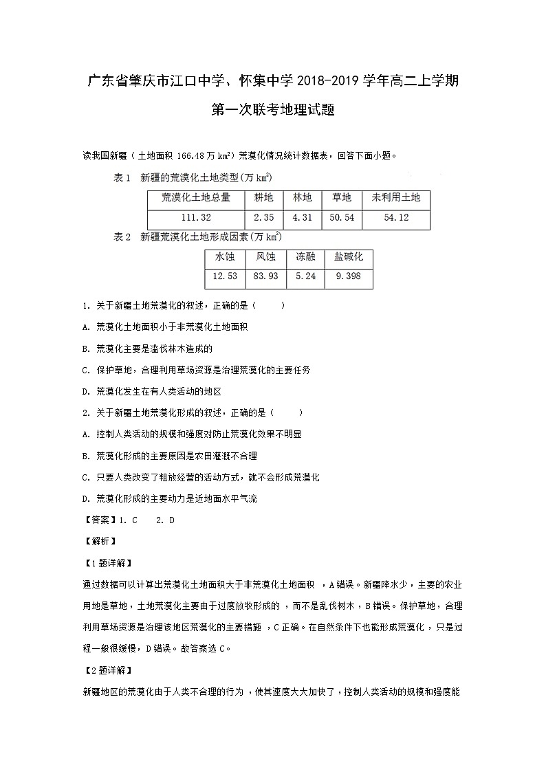 【地理】广东省肇庆市江口中学、怀集中学2018-2019学年高二上学期第一次联考试题(解析版)01
