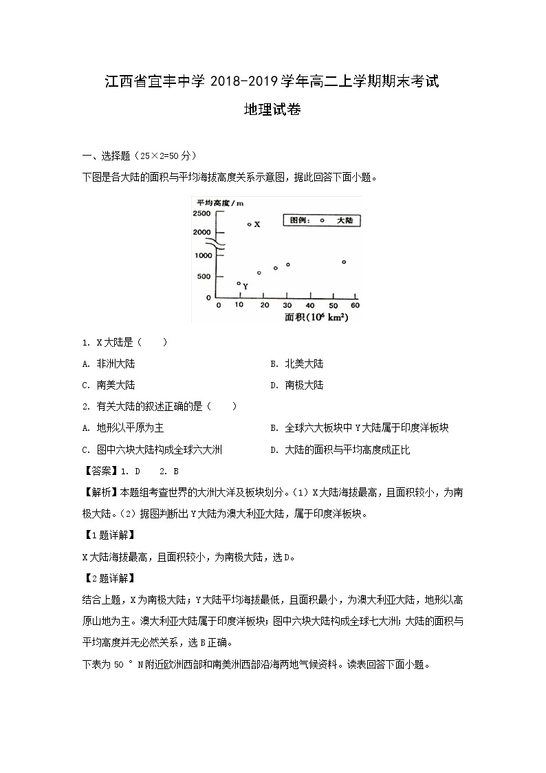 【地理】江西省宜丰中学2018-2019学年高二上学期期末考试试卷（解析版）01