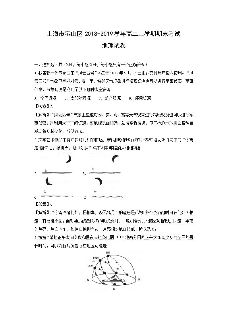 【地理】上海市宝山区2018-2019学年高二上学期期末考试试卷（解析版）01