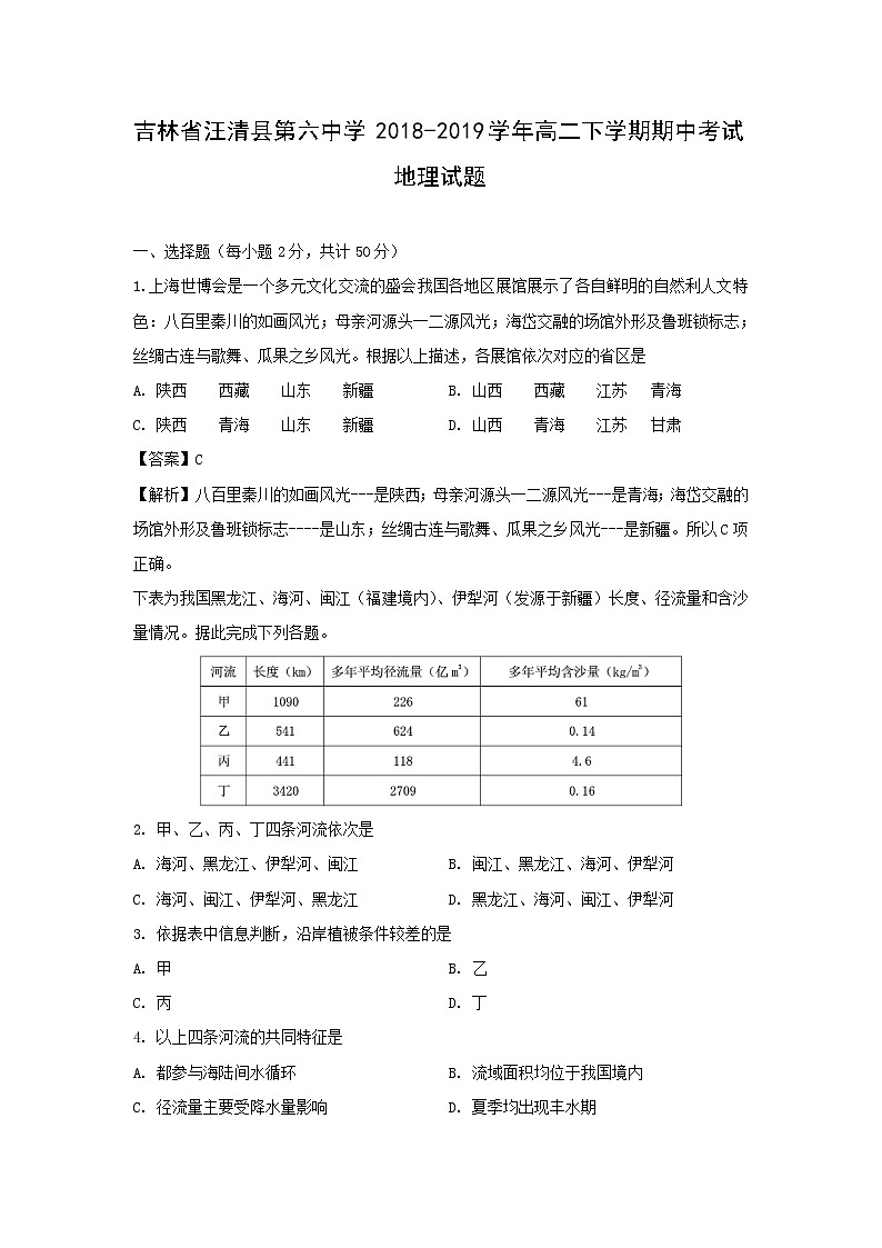 【地理】吉林省汪清县第六中学2018-2019学年高二下学期期中考试试题(解析版)第1页