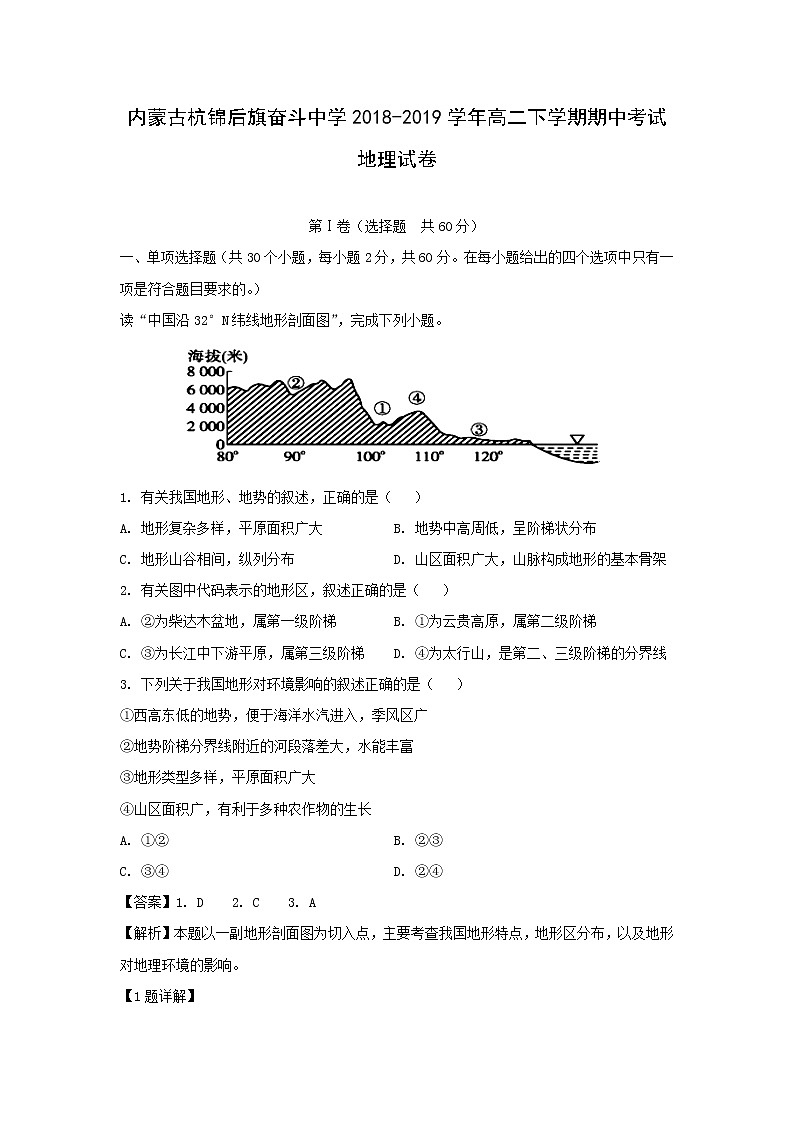 【地理】内蒙古杭锦后旗奋斗中学2018-2019学年高二下学期期中考试试卷(解析版)01