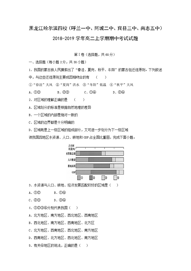 【地理】黑龙江省哈尔滨市四校(呼兰一中、阿城二中、宾县三中、尚志五中)2018-2019学年高二上学期期中考试试题01