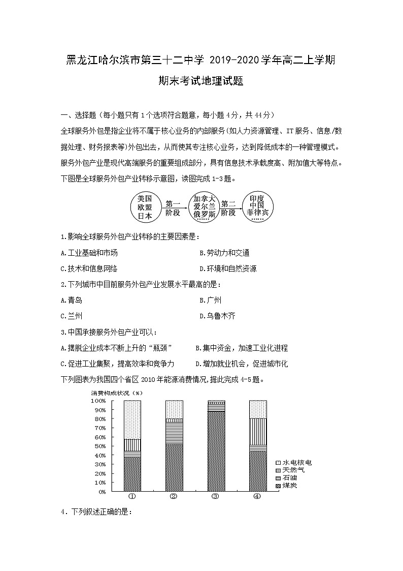 【地理】黑龙江哈尔滨市第三十二中学2019-2020学年高二上学期期末考试试题01