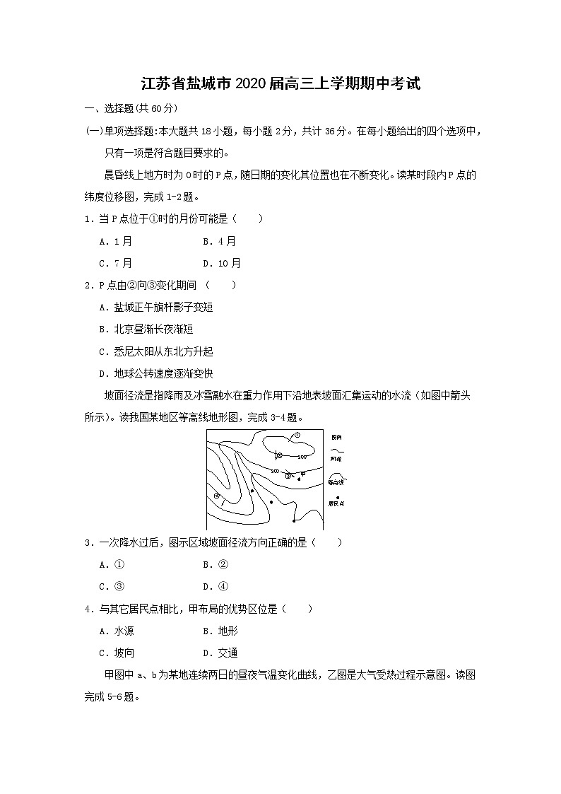 【地理】江苏省盐城市2020届高三上学期期中考试01