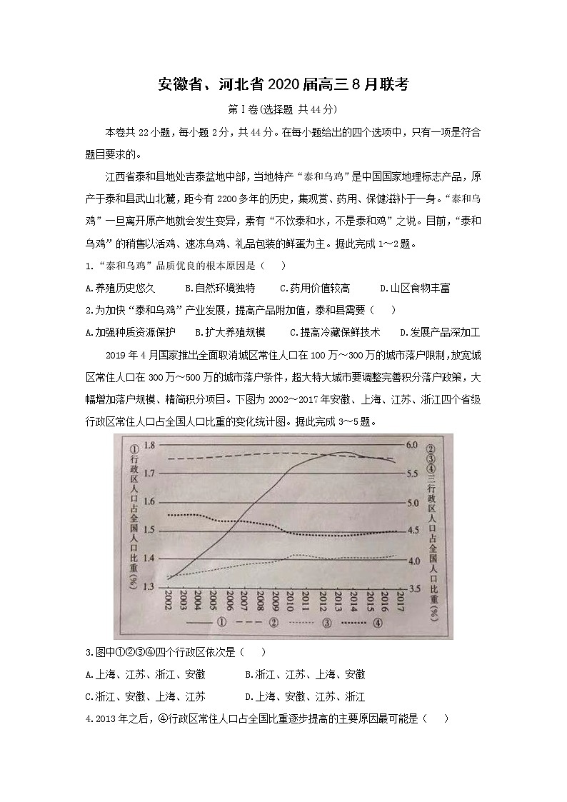 【地理】安徽省、河北省2020届高三8月联考 试卷01