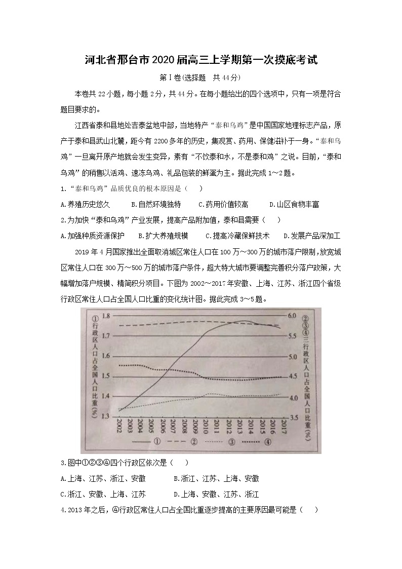 【地理】河北省邢台市2020届高三上学期第一次摸底考试01