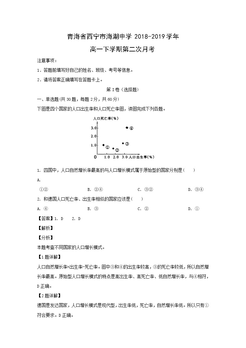 【地理】青海省西宁市海湖中学2018-2019学年高一下学期第二次月考（解析版） 试卷01