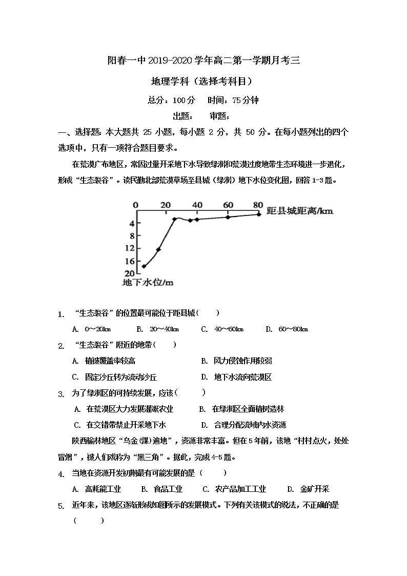 2019-2020学年广东省阳春市第一中学高二上学期月考三地理试题 word版01