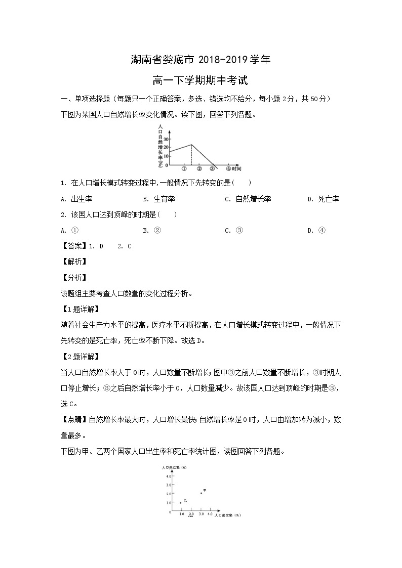 【地理】湖南省娄底市2018-2019学年高一下学期期中考试（解析版）01