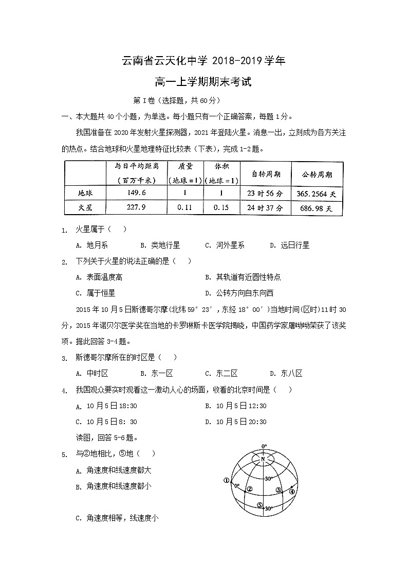 【地理】云南省云天化中学2018-2019学年高一上学期期末考试01