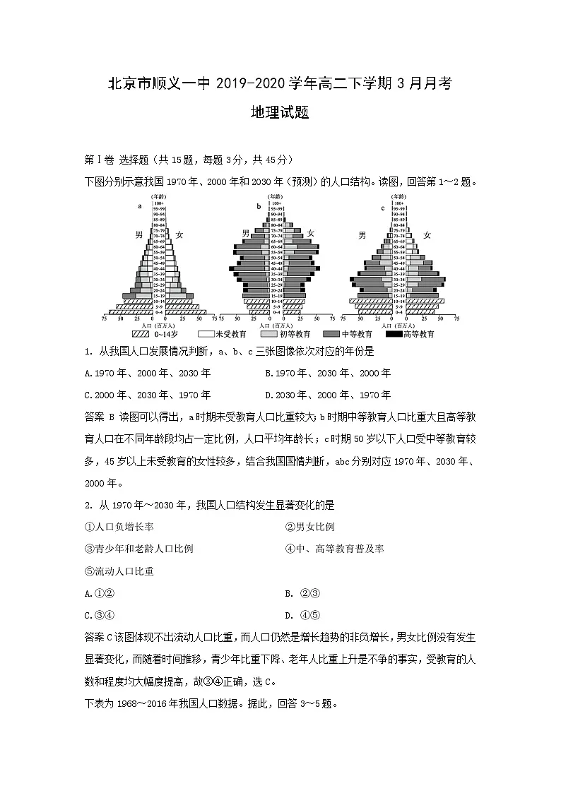 【地理】北京市顺义一中2019-2020学年高二下学期3月月考试题第1页