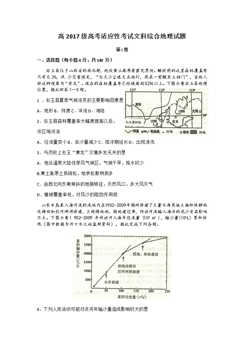 四川省成都树德中学2020届高三押题卷文科综合地理试题01