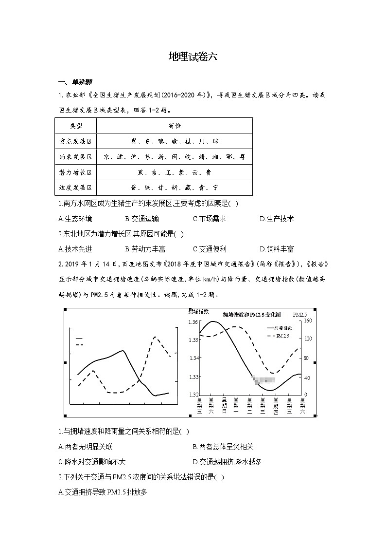 黑龙江省安达七中2020届高三上学期寒假考试(6)地理试卷01