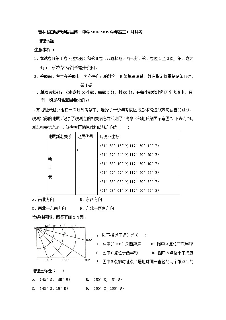 2018-2019学年吉林省白城市通榆县第一中学高二6月月考地理试题 Word版01