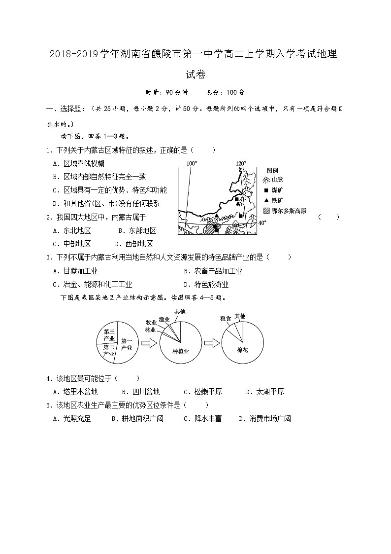 2018-2019学年湖南省醴陵市第一中学高二上学期入学考试地理试题(Word版)01
