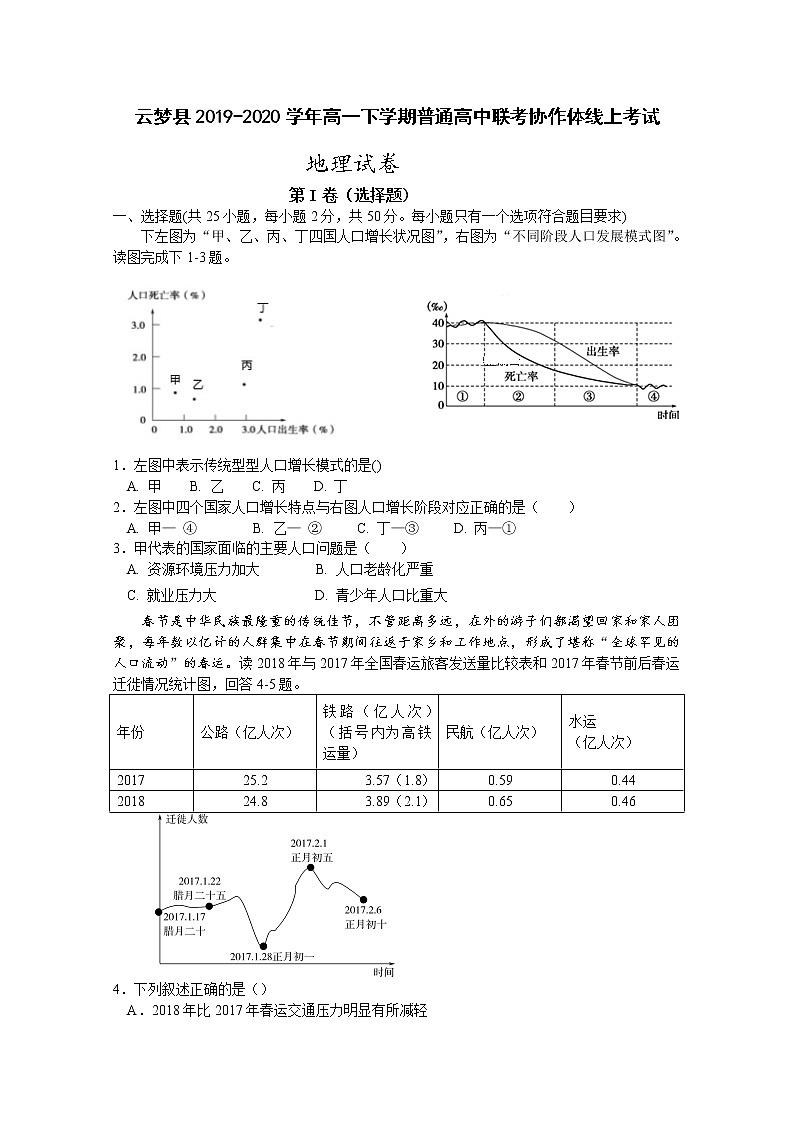 湖北省孝感市云梦县2019-2020学年高一下学期普通高中联考协作体线上考试地理试题01