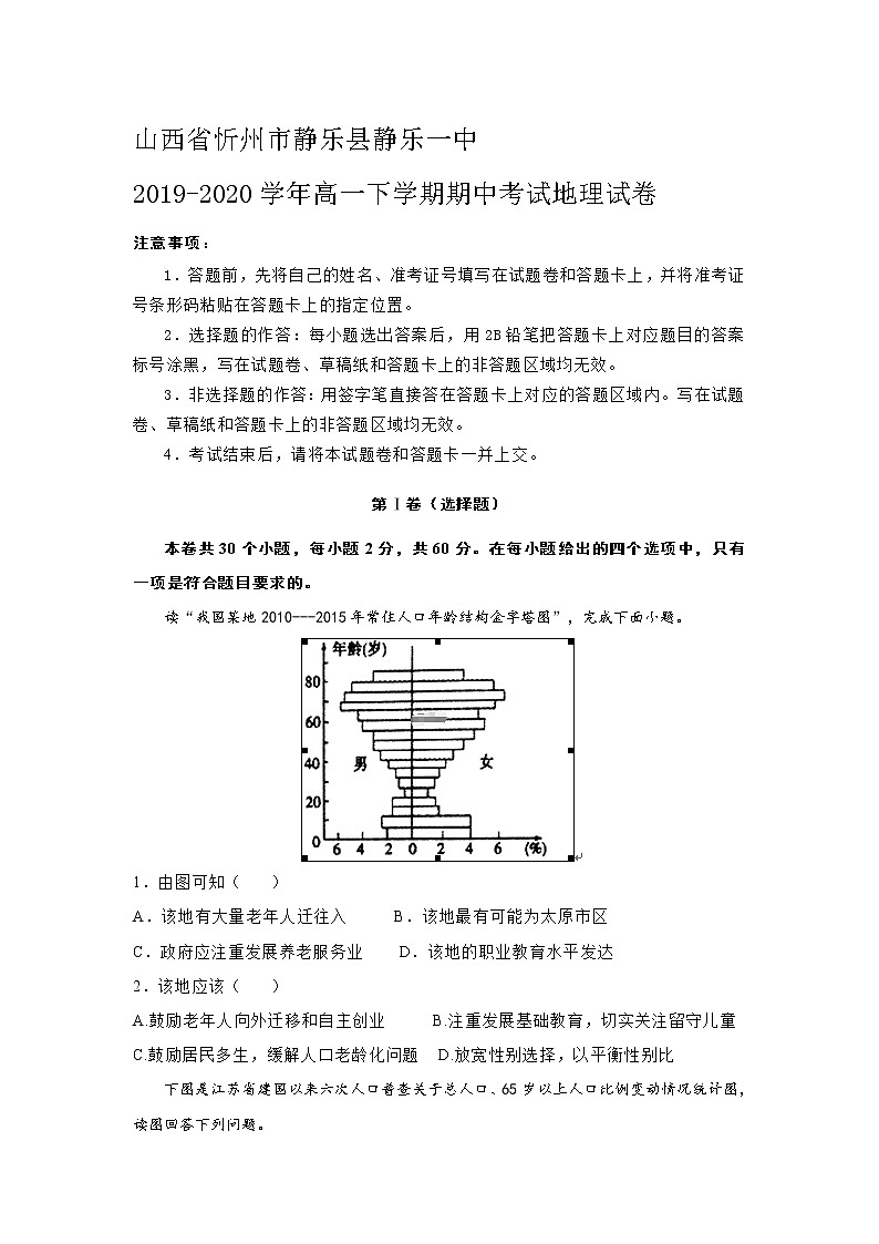 山西省忻州市静乐县静乐一中2019-2020学年高一下学期期中考试地理试卷01