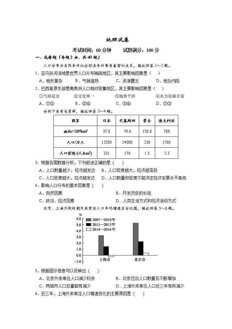 辽宁省沈阳实验中学2019-2020学年高一下学期期中考试地理试题第1页