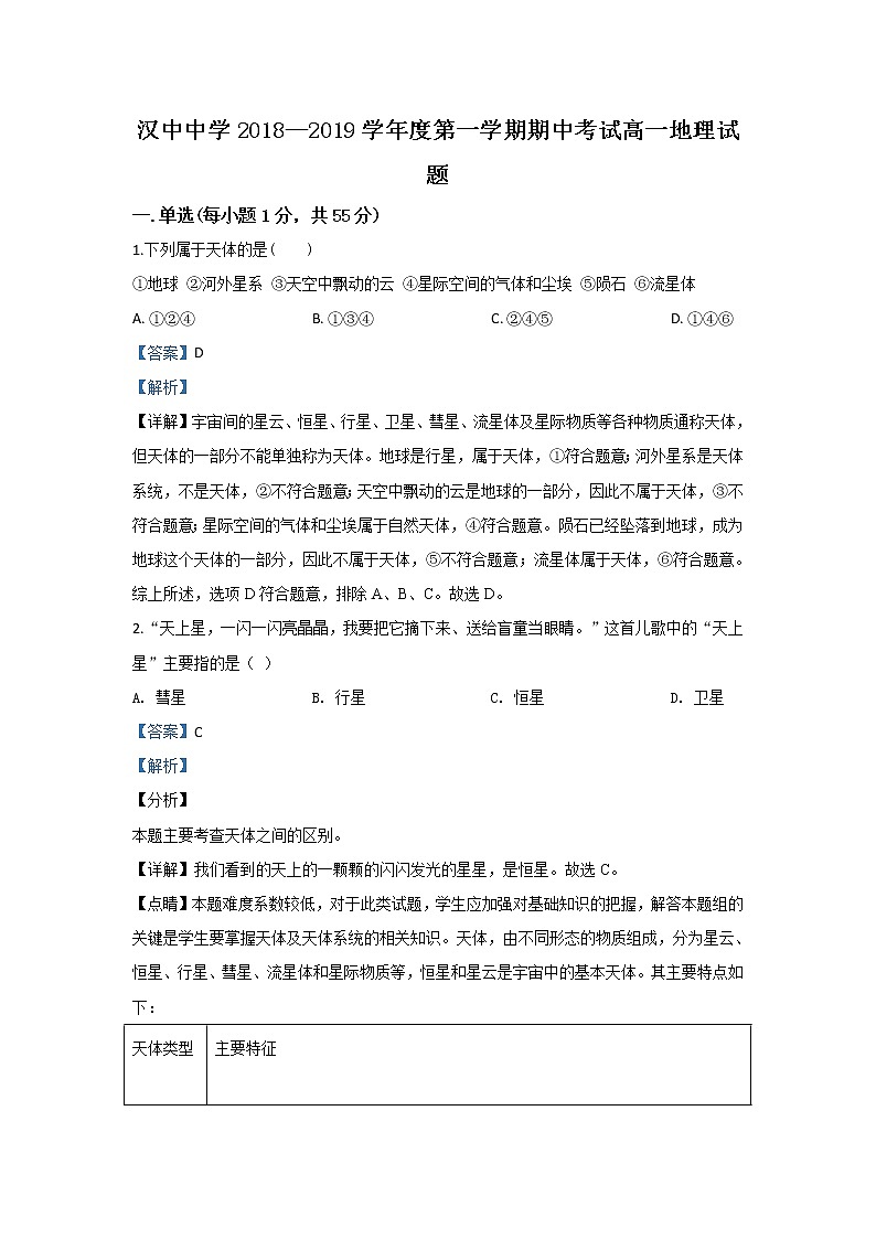 陕西省汉中中学2018-2019学年高一上学期期中考试地理试题01