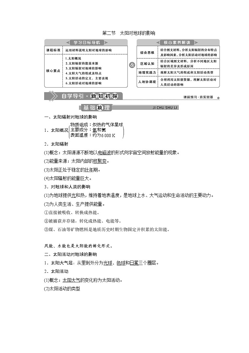 (新)人教版高中地理必修第一册教学讲义:1.2 太阳对地球的影响第1页