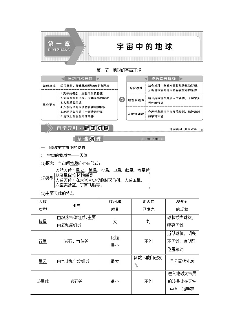(新)人教版高中地理必修第一册教学讲义:1.1 地球的宇宙环境第1页