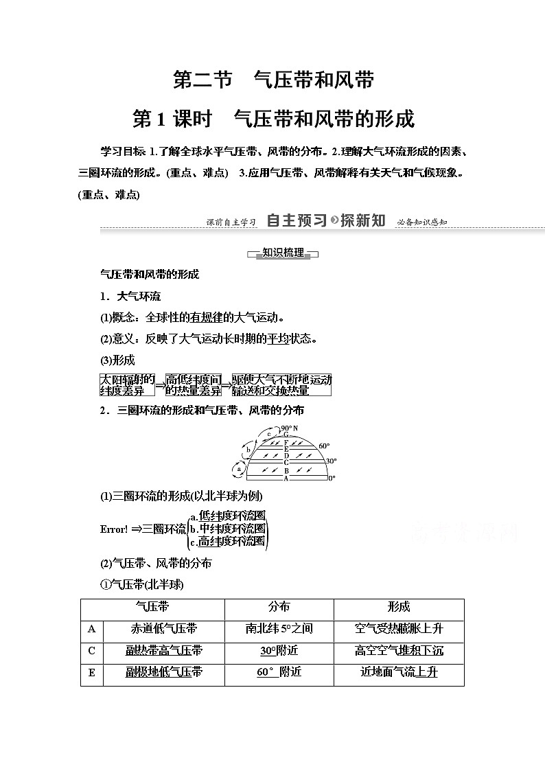 2020-2021学年地理人教版必修1教师用书:第2章第2节第1课时 气压带和风带的形成第1页