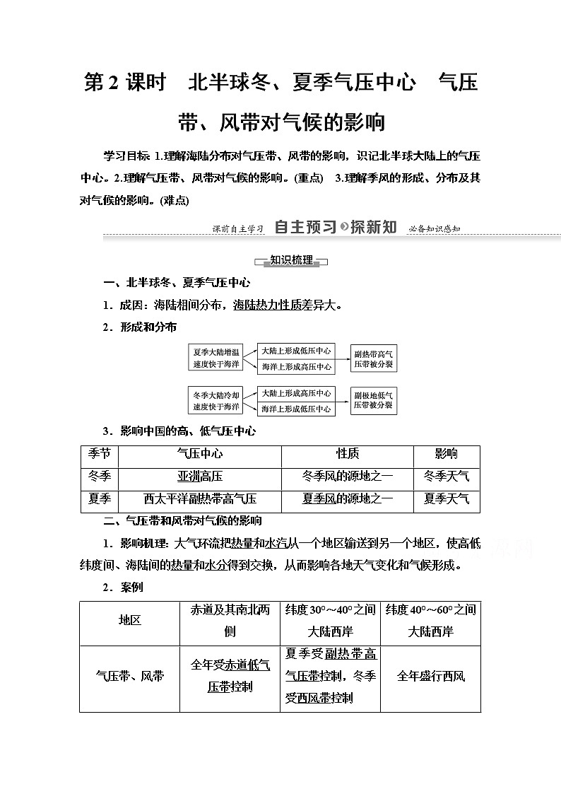 2020-2021学年地理人教版必修1教师用书:第2章第2节第2课时 北半球冬、夏季气压中心 气压带、风带对气候的影响第1页