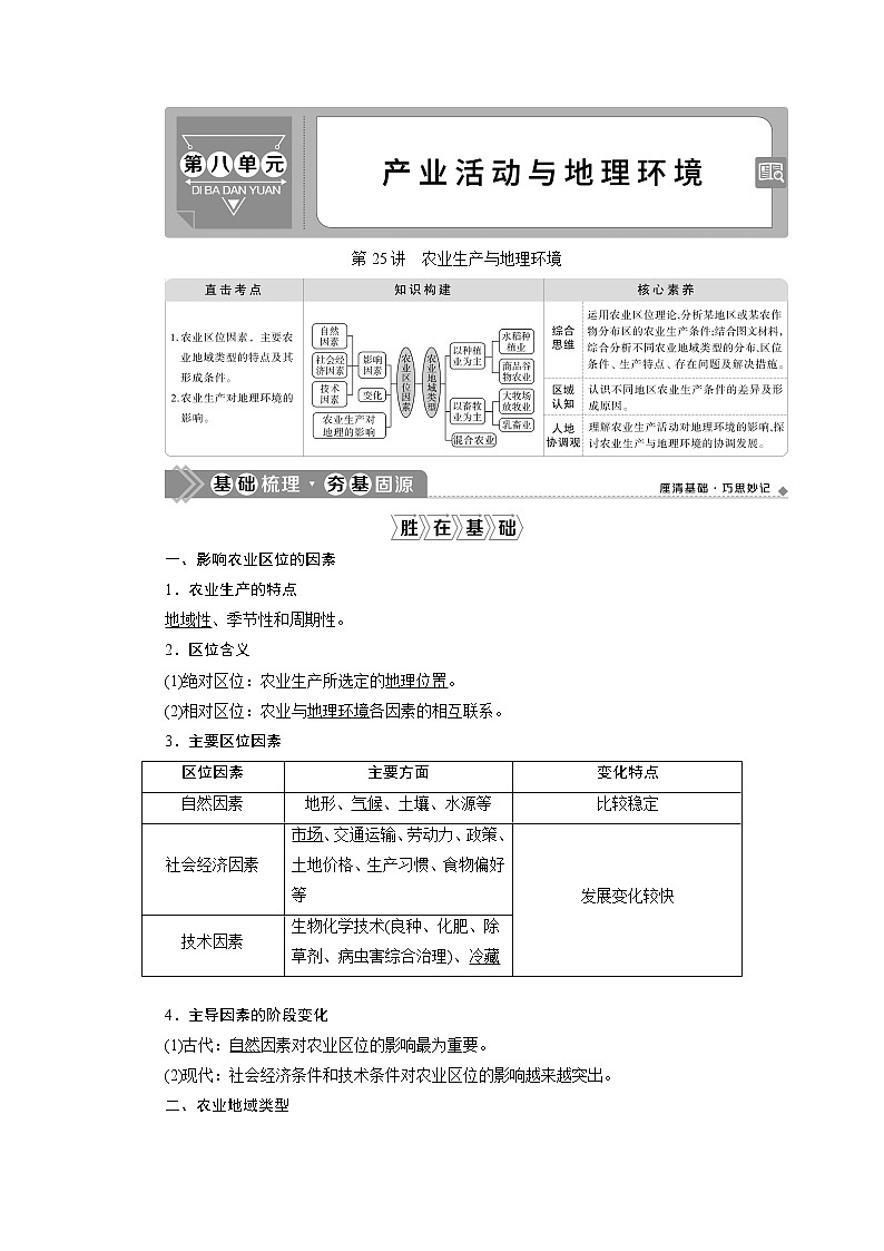 2021版新高考地区选考地理(鲁教版)一轮复习教师用书:第25讲 农业生产与地理环境01