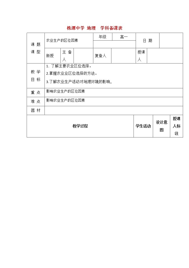 江西省万载县株潭中学高中地理必修2教案：3.1农业区位因素01