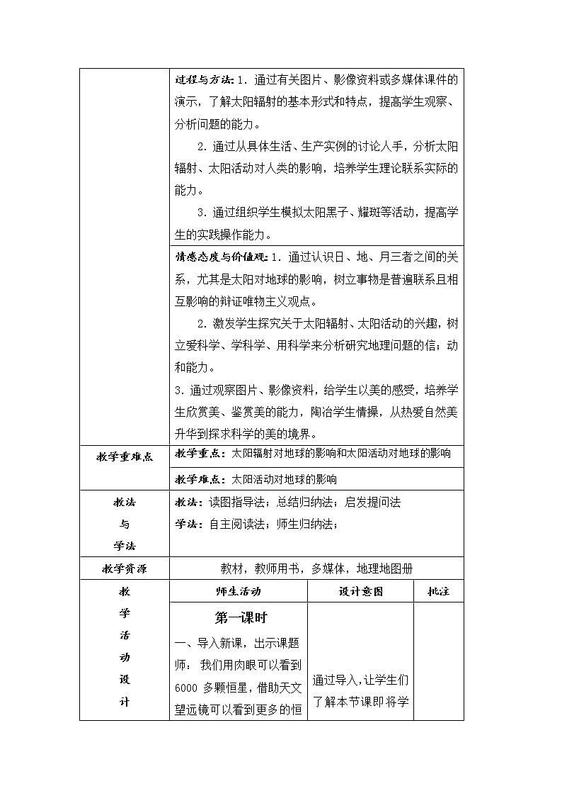 陕西省石泉县江南高级中学高中地理必修一:1.2太阳队地球的影响(2课时)教案02