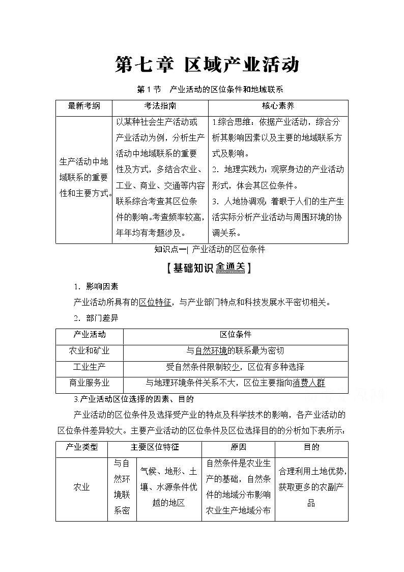 2020版新一线高考地理(湘教版)一轮复习教学案:第2部分第7章第1节产业活动的区位条件和地域联系01
