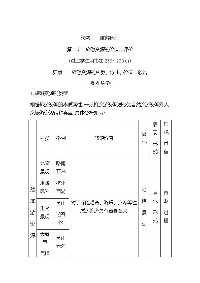 2020《导与练》高考人教版地理一轮复习讲义:选考一第1讲 旅游资源的价值与评价讲义01