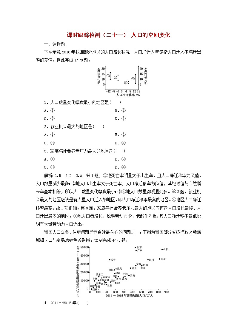 新课改专用2020版高考地理一轮课时跟踪检测21《人口的空间变化》(含解析)01