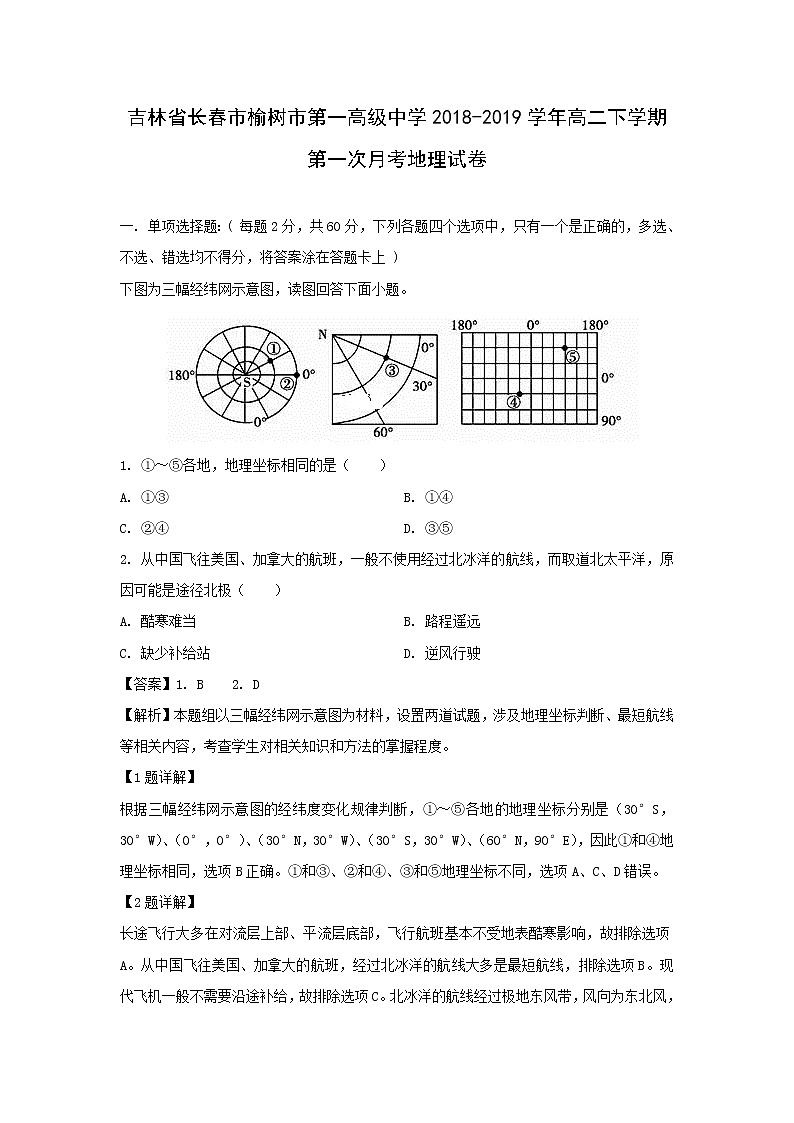 【地理】吉林省长春市榆树市第一高级中学2018-2019学年高二下学期第一次月考试卷(解析版)01