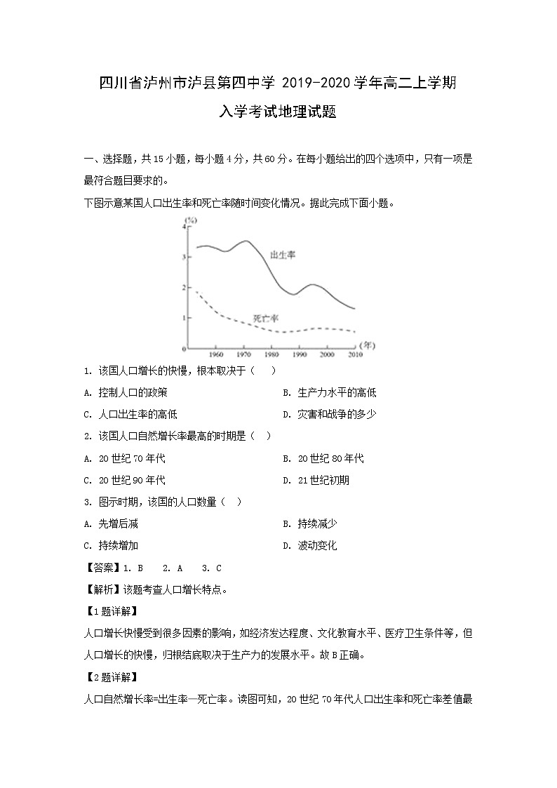 【地理】四川省泸州市泸县第四中学2019-2020学年高二上学期入学考试试题(解析版)01